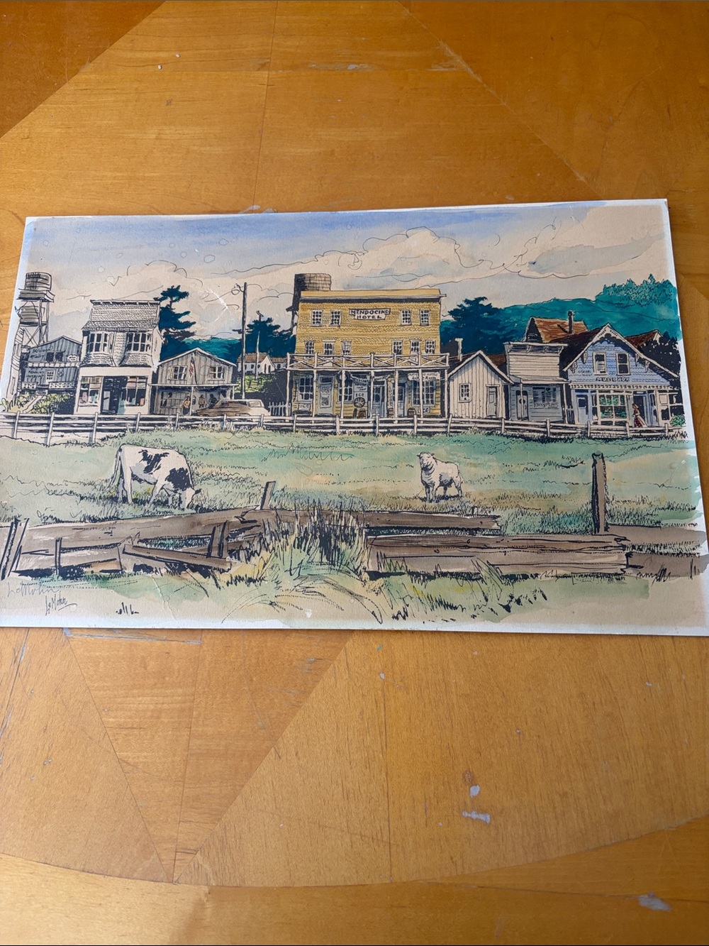 Countryside Village Watercolor Print in Blue, Green and Yellow